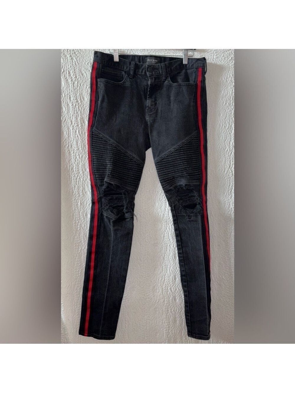 PacSun Comfort Stretch Distressed Stacked Skinny Red Stripe Moto Biker Jeans